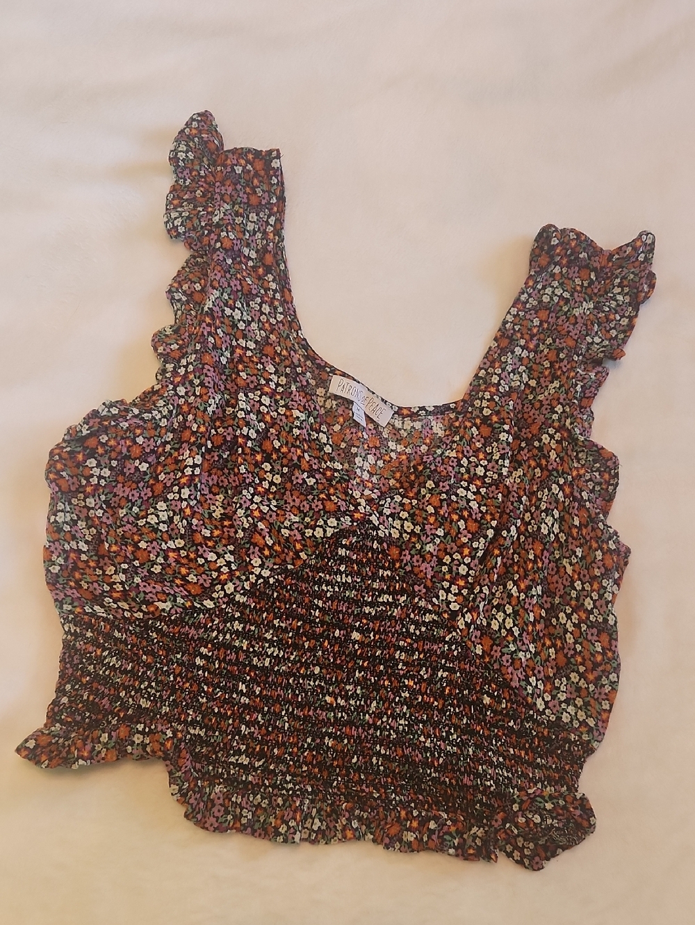 Patrons of Peace Floral Smocked Ruffle Crop Top - Black, Orange, Pink, Green